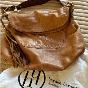 Hayden-harnett tan shoulder bag leather, loved, with fringe tassel, lg size hobo